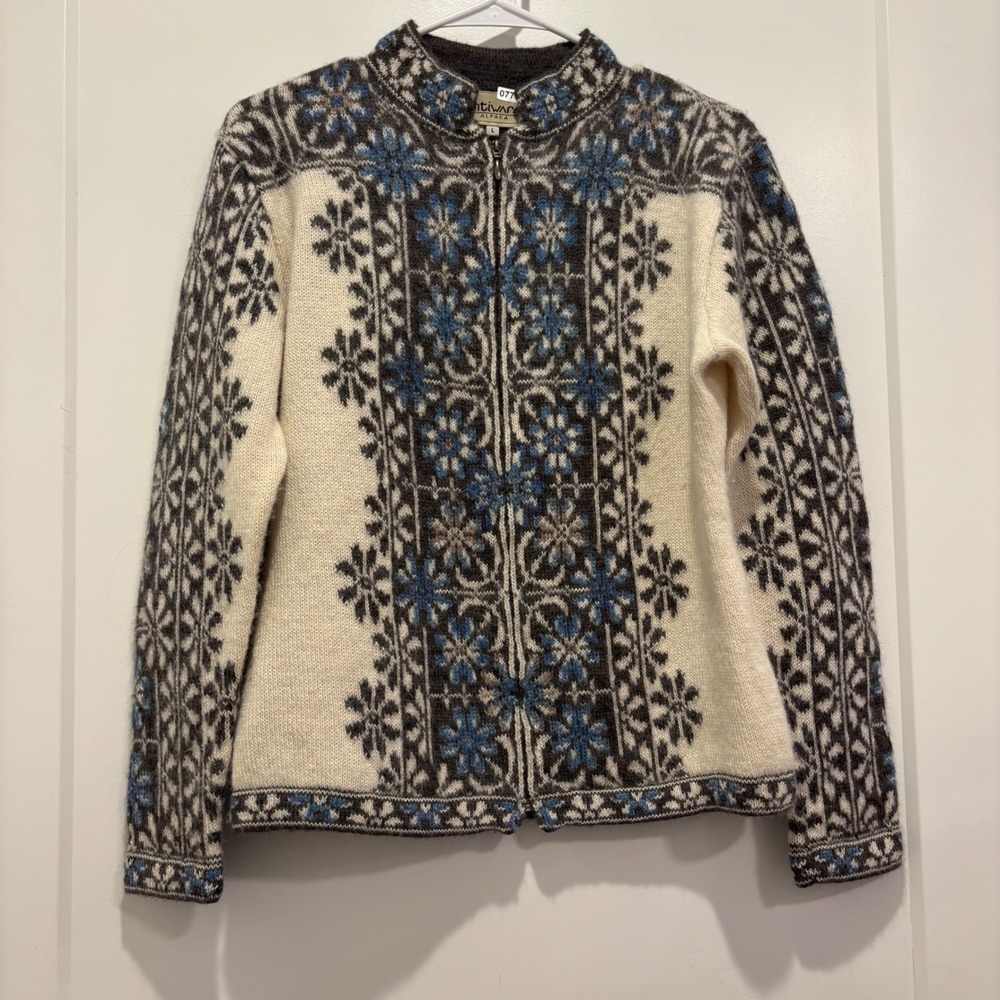 Intiwara Alpaca Womens L Full Zip Cardigan Sweater Hand Made Bolivia Fair Isle